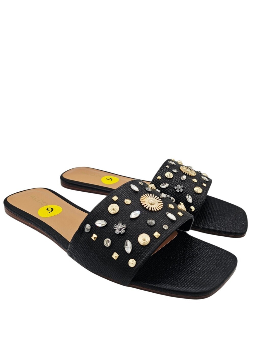 ALDO Itsandal Black Slide Sandals with Studded Rhinestones Embellishments